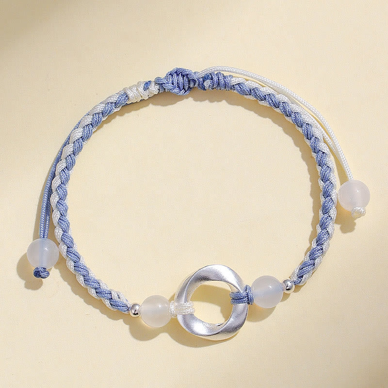925 Sterling Silver Mobius White Agate Bead Braided String Bracelet