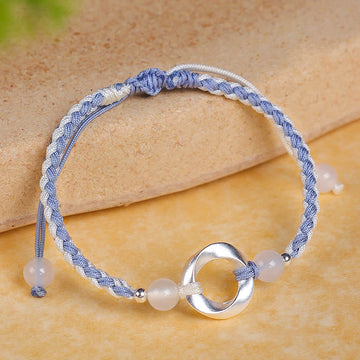 925 Sterling Silver Mobius White Agate Bead Braided String Bracelet