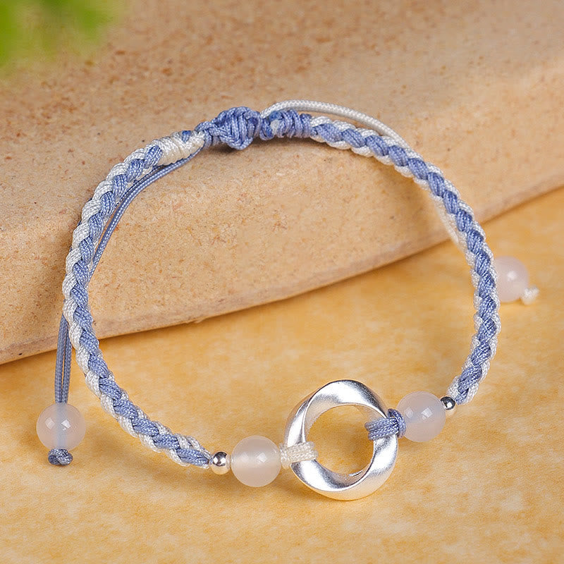 925 Sterling Silver Mobius White Agate Bead Braided String Bracelet