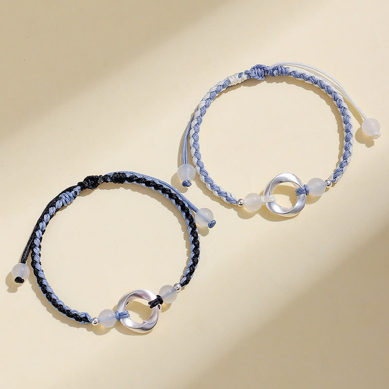 925 Sterling Silver Mobius White Agate Bead Braided String Bracelet