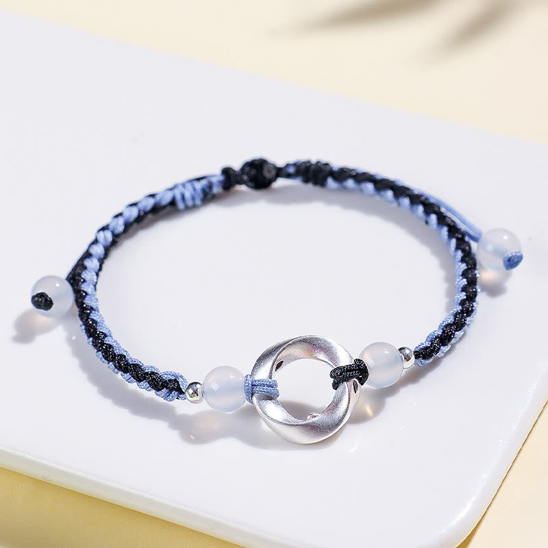 925 Sterling Silver Mobius White Agate Bead Braided String Bracelet