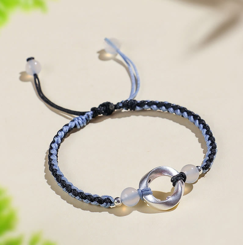 925 Sterling Silver Mobius White Agate Bead Braided String Bracelet