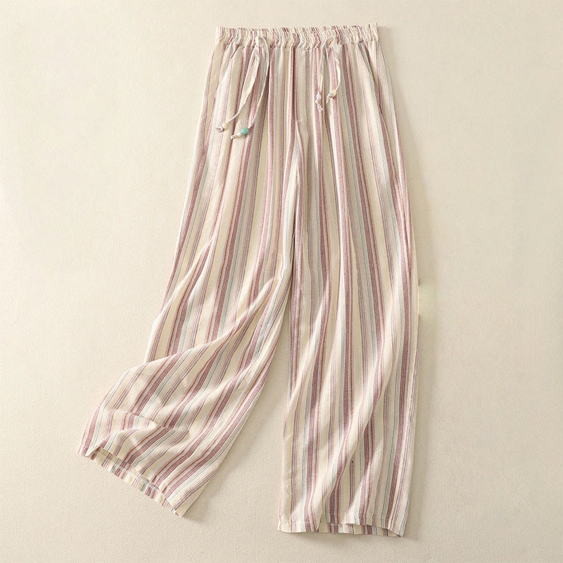 Color Vertical Stripes Cotton Women's Wide Leg Pants With Pockets