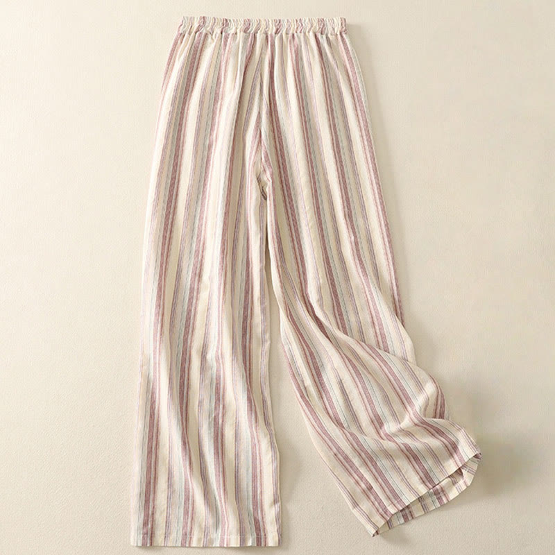 Color Vertical Stripes Cotton Women's Wide Leg Pants With Pockets