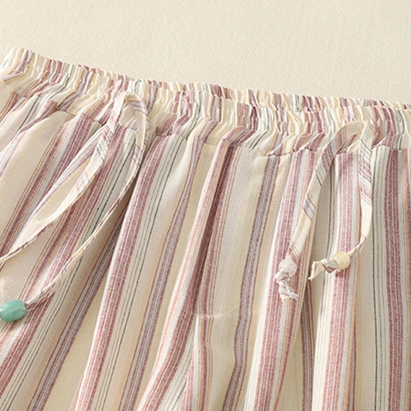 Color Vertical Stripes Cotton Women's Wide Leg Pants With Pockets