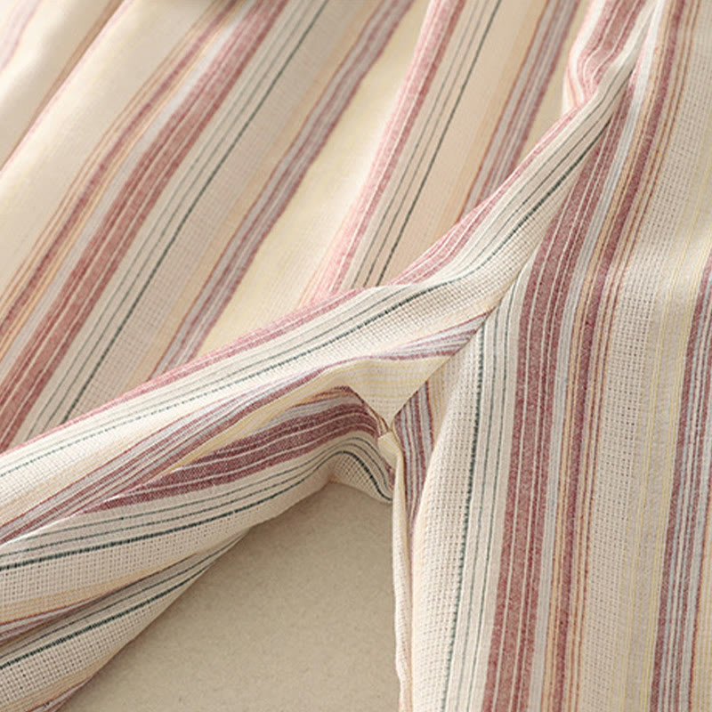 Color Vertical Stripes Cotton Women's Wide Leg Pants With Pockets