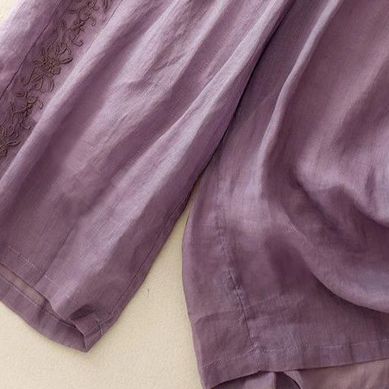 Side Embroidery Design Cotton Women's 7-8 Length Wide Leg Pants With Pockets