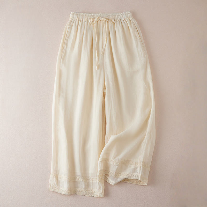 Casual Lining Design Cotton Women's 7-8 Length Wide Leg Pants With Pockets