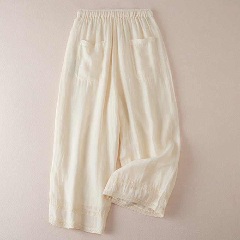 Casual Lining Design Cotton Women's 7-8 Length Wide Leg Pants With Pockets