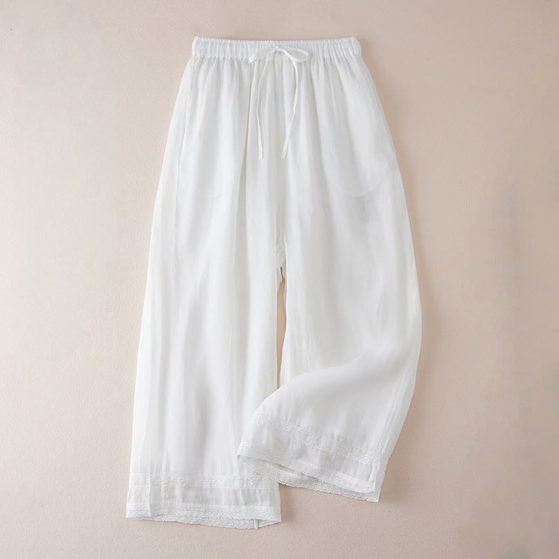 Casual Lining Design Cotton Women's 7-8 Length Wide Leg Pants With Pockets