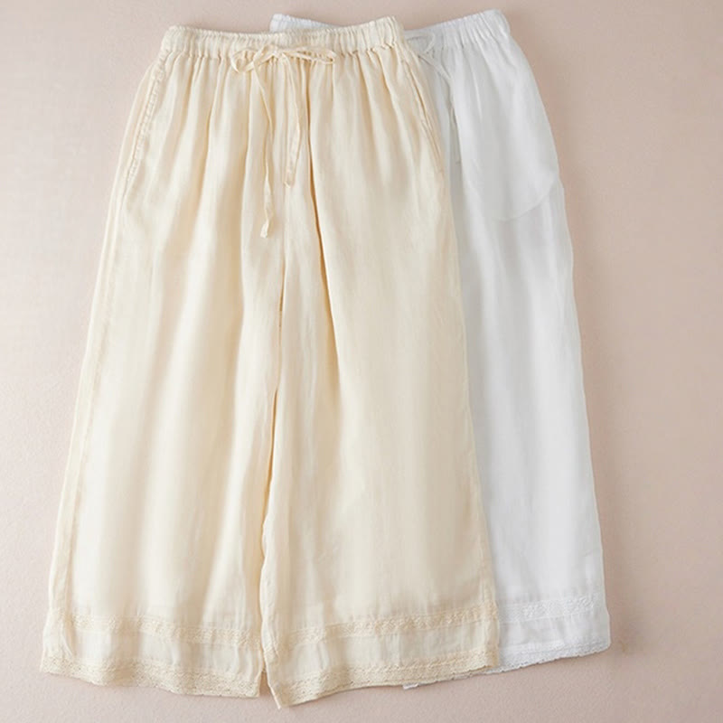 Casual Lining Design Cotton Women's 7-8 Length Wide Leg Pants With Pockets