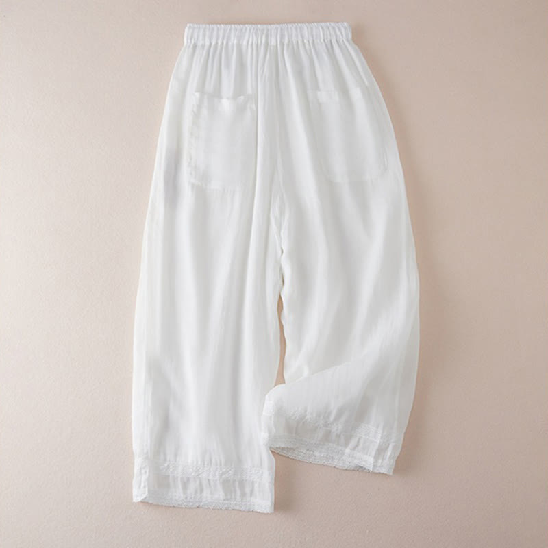 Casual Lining Design Cotton Women's 7-8 Length Wide Leg Pants With Pockets