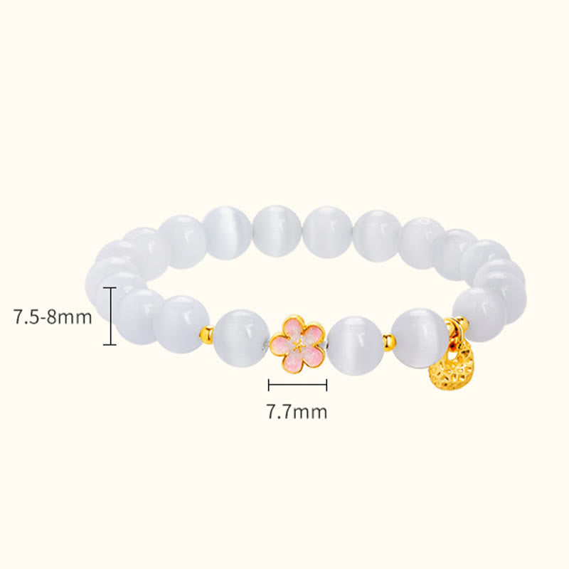 925 Sterling Silver White Cat's Eye Peach Blossom & Sachet Charm Bracelet