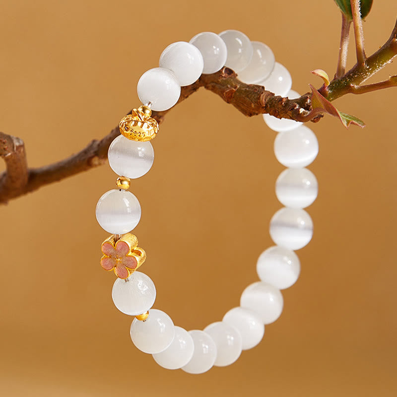 925 Sterling Silver White Cat's Eye Peach Blossom & Sachet Charm Bracelet