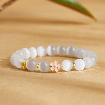 925 Sterling Silver White Cat's Eye Peach Blossom & Sachet Charm Bracelet