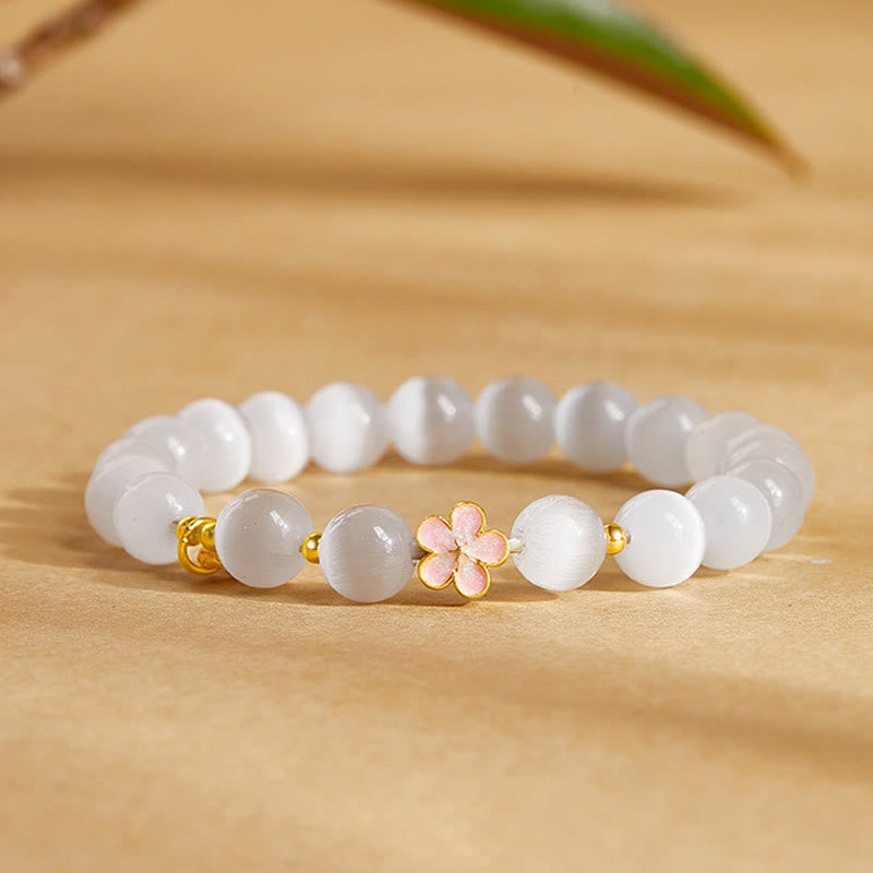 925 Sterling Silver White Cat's Eye Peach Blossom & Sachet Charm Bracelet