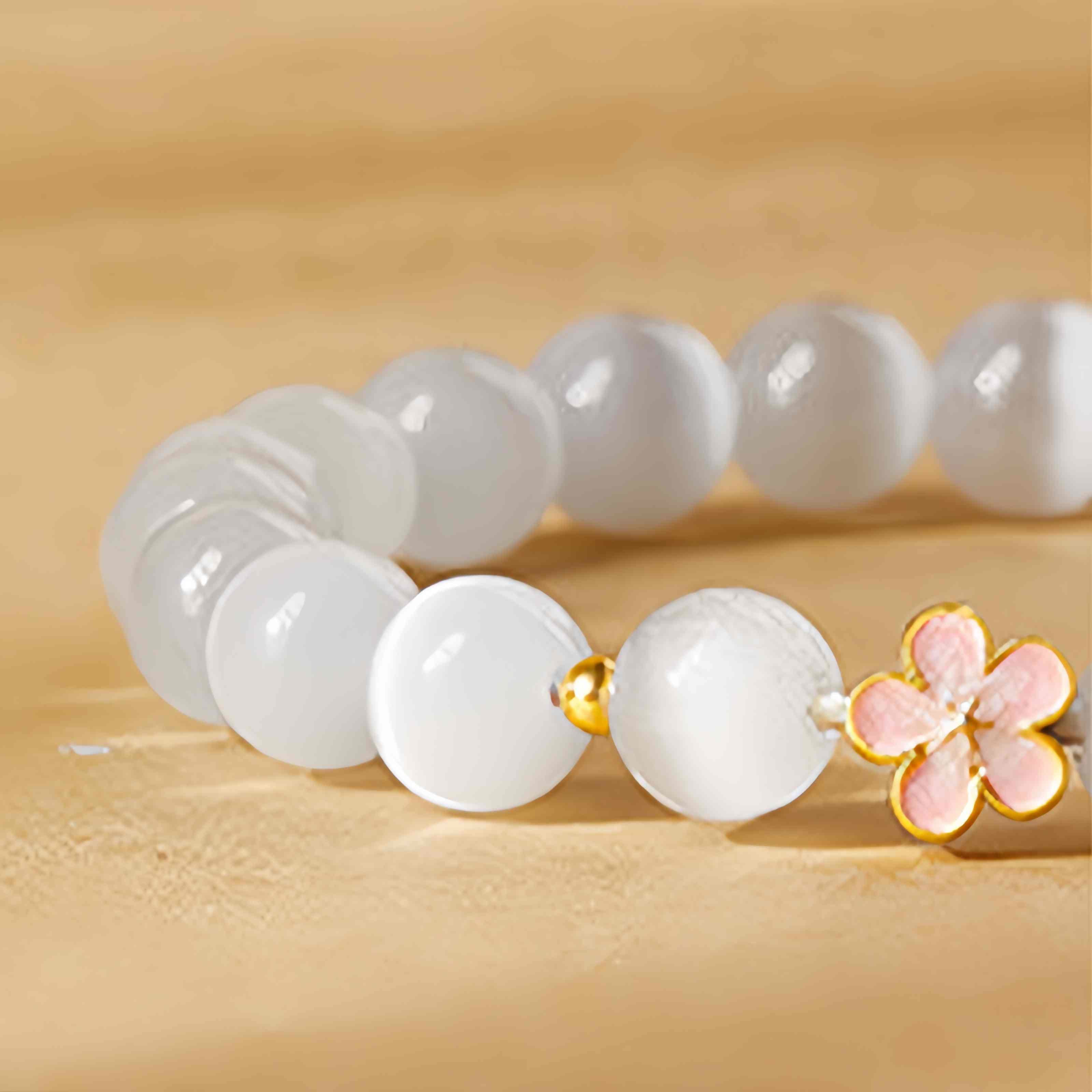 925 Sterling Silver White Cat's Eye Peach Blossom & Sachet Charm Bracelet