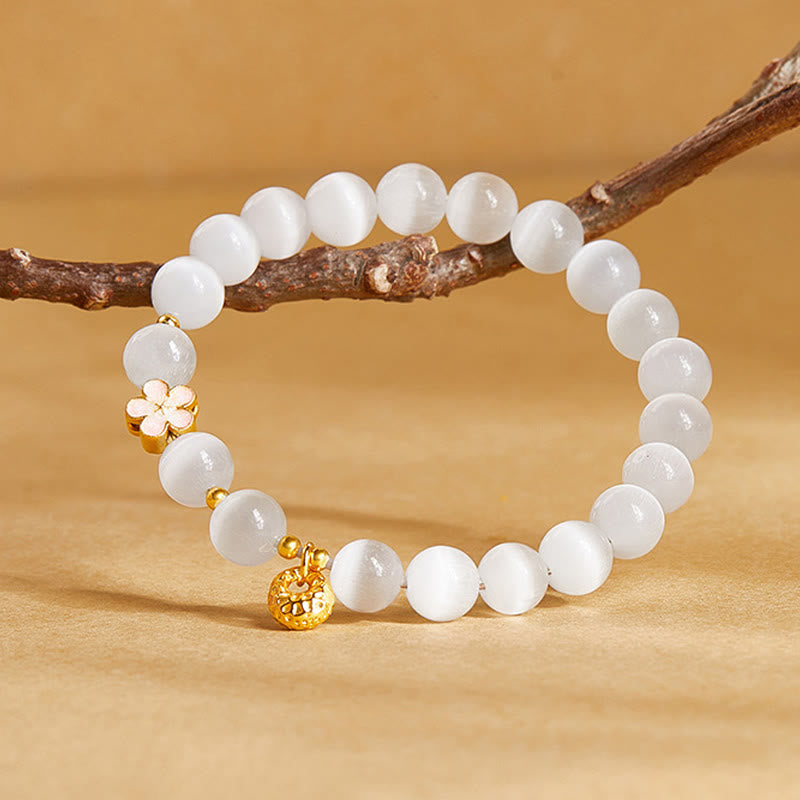 925 Sterling Silver White Cat's Eye Peach Blossom & Sachet Charm Bracelet