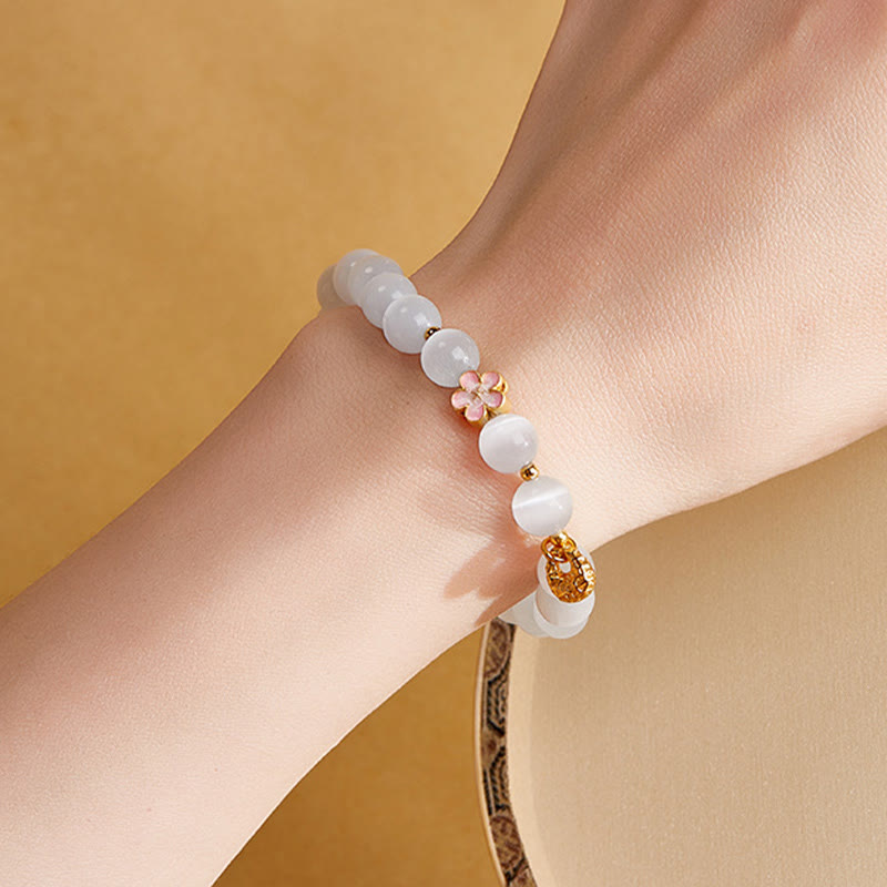 925 Sterling Silver White Cat's Eye Peach Blossom & Sachet Charm Bracelet