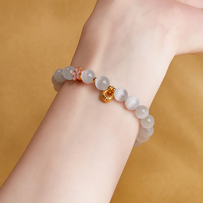 925 Sterling Silver White Cat's Eye Peach Blossom & Sachet Charm Bracelet
