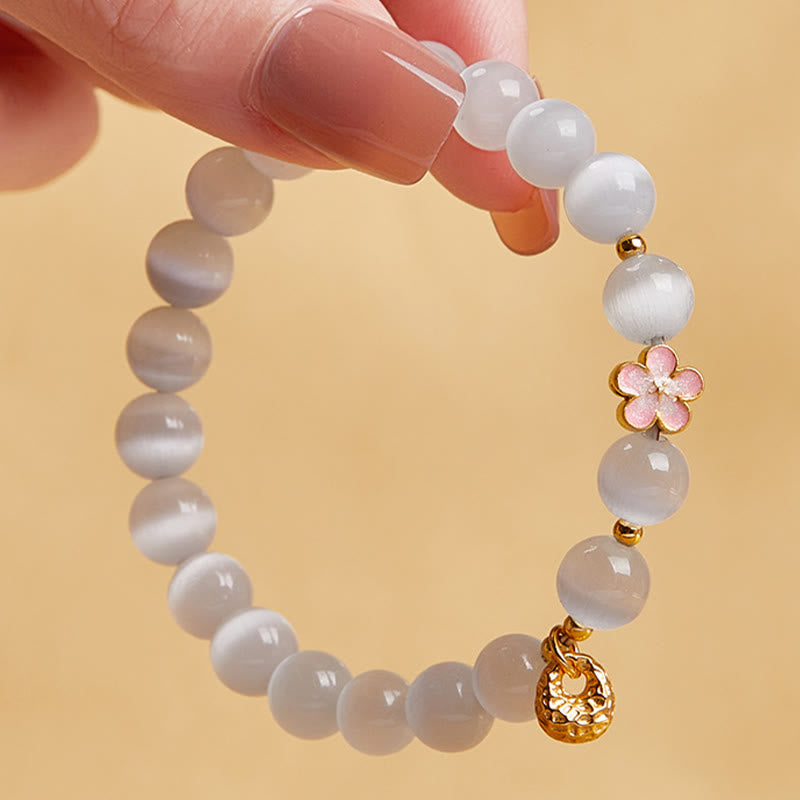 925 Sterling Silver White Cat's Eye Peach Blossom & Sachet Charm Bracelet