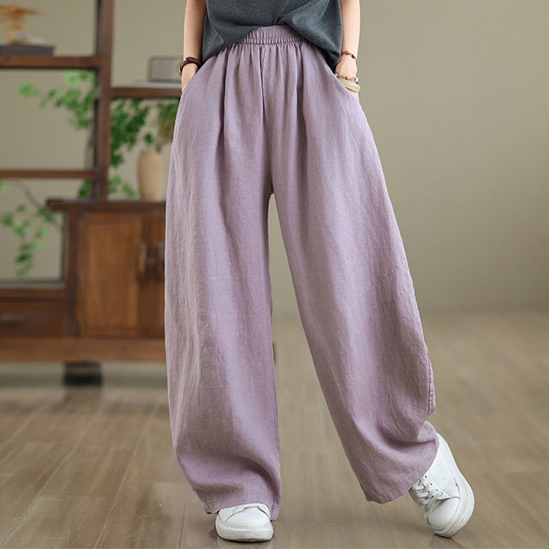 Casual Plain Cotton Women's Wide Leg Pants With Pockets