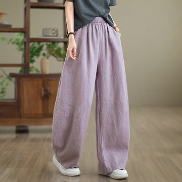 Casual Plain Cotton Women's Wide Leg Pants With Pockets