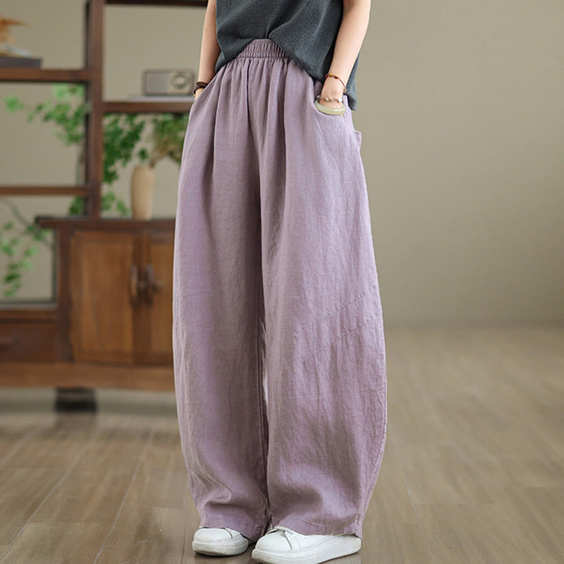 Casual Plain Cotton Women's Wide Leg Pants With Pockets