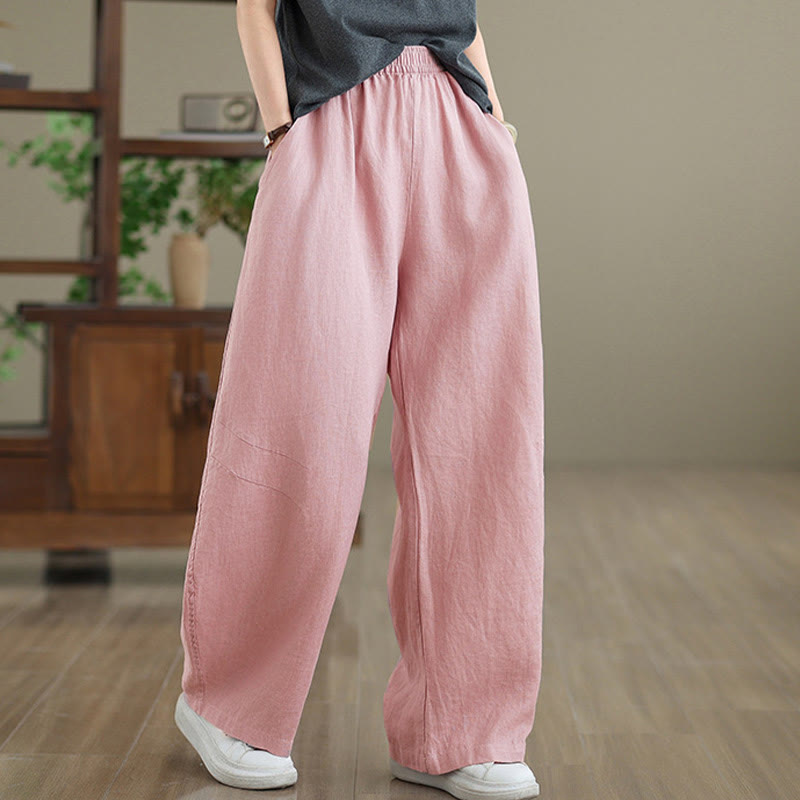 Casual Plain Cotton Women's Wide Leg Pants With Pockets
