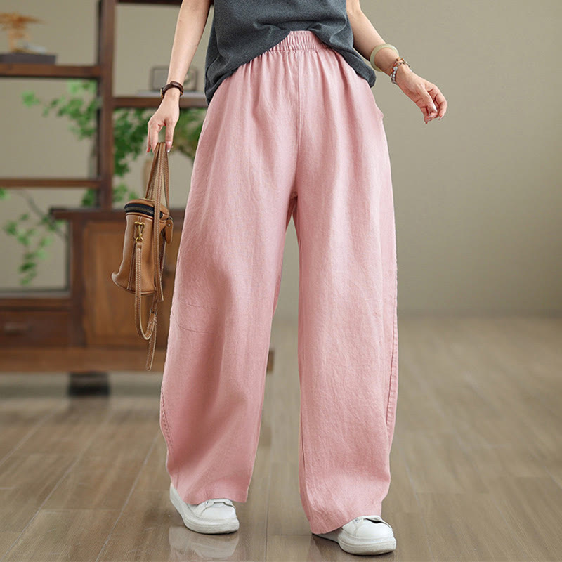 Casual Plain Cotton Women's Wide Leg Pants With Pockets