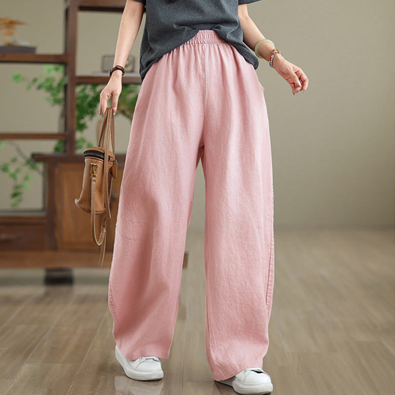 Casual Plain Cotton Women's Wide Leg Pants With Pockets