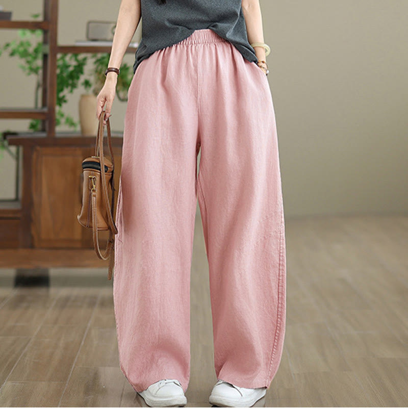 Casual Plain Cotton Women's Wide Leg Pants With Pockets