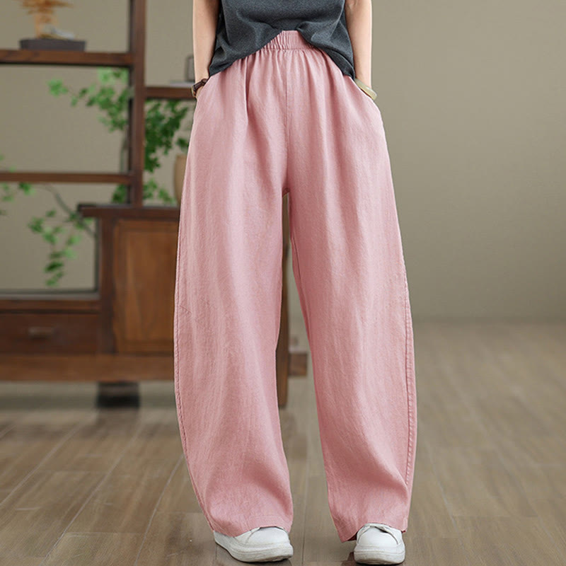 Casual Plain Cotton Women's Wide Leg Pants With Pockets