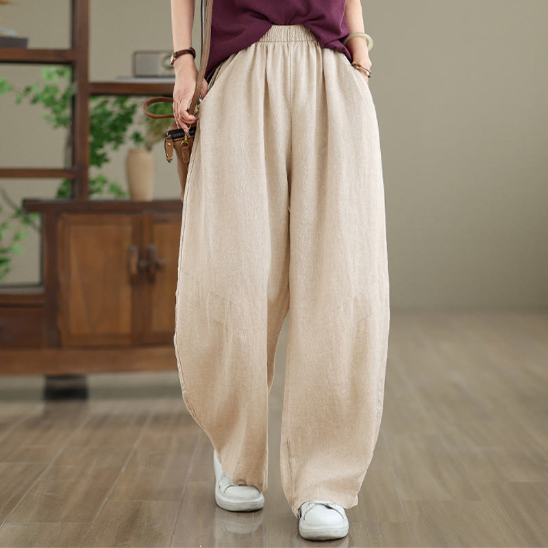 Casual Plain Cotton Women's Wide Leg Pants With Pockets