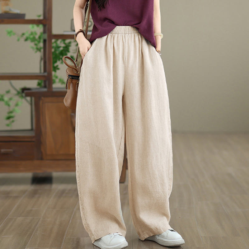 Casual Plain Cotton Women's Wide Leg Pants With Pockets