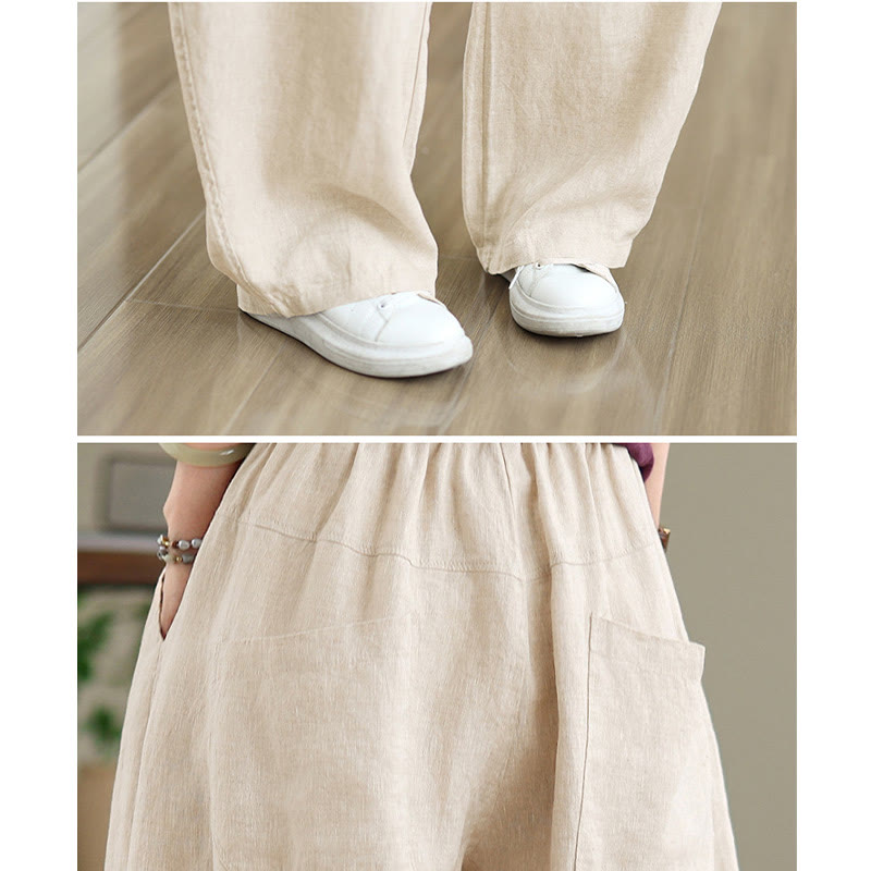 Casual Plain Cotton Women's Wide Leg Pants With Pockets