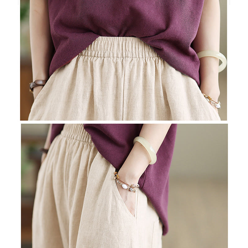 Casual Plain Cotton Women's Wide Leg Pants With Pockets