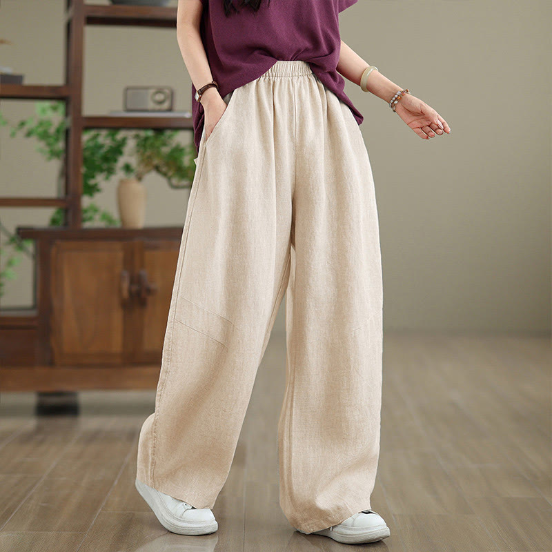Casual Plain Cotton Women's Wide Leg Pants With Pockets