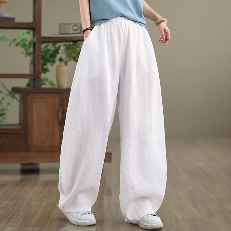 Casual Plain Cotton Women's Wide Leg Pants With Pockets
