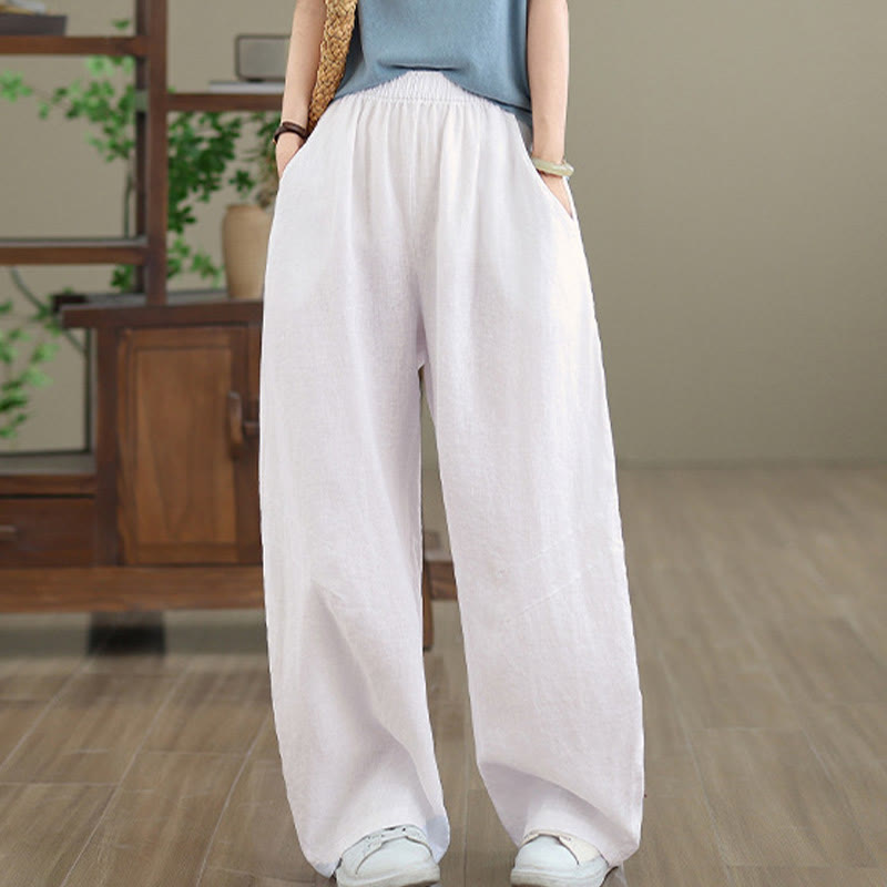 Casual Plain Cotton Women's Wide Leg Pants With Pockets