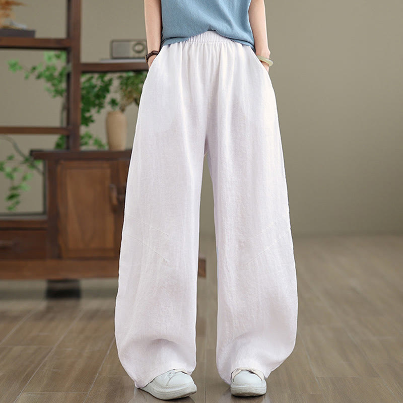 Casual Plain Cotton Women's Wide Leg Pants With Pockets