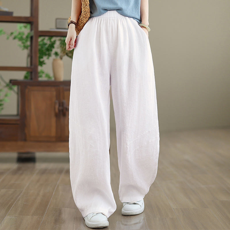 Casual Plain Cotton Women's Wide Leg Pants With Pockets