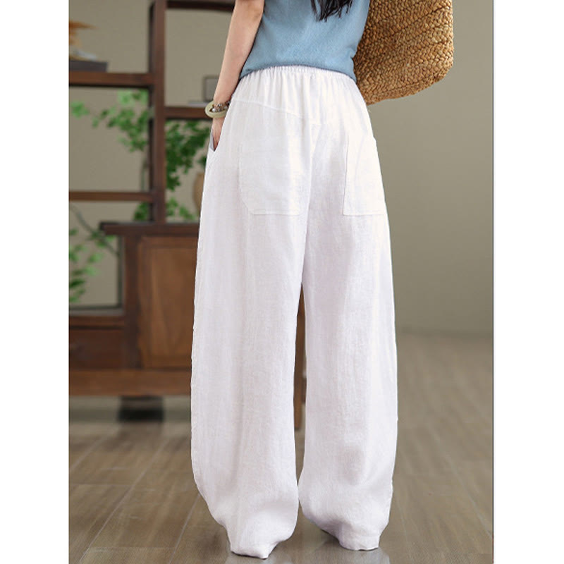 Casual Plain Cotton Women's Wide Leg Pants With Pockets