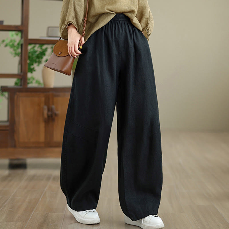 Casual Plain Cotton Women's Wide Leg Pants With Pockets