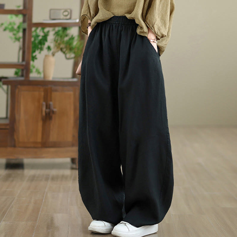 Casual Plain Cotton Women's Wide Leg Pants With Pockets