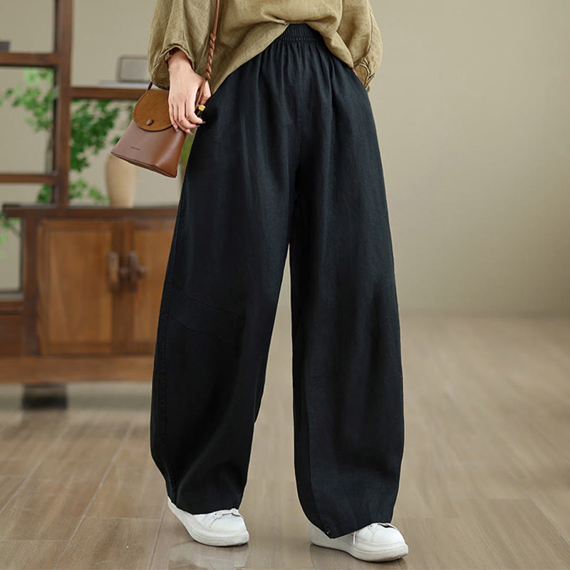 Casual Plain Cotton Women's Wide Leg Pants With Pockets