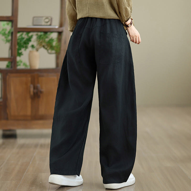 Casual Plain Cotton Women's Wide Leg Pants With Pockets