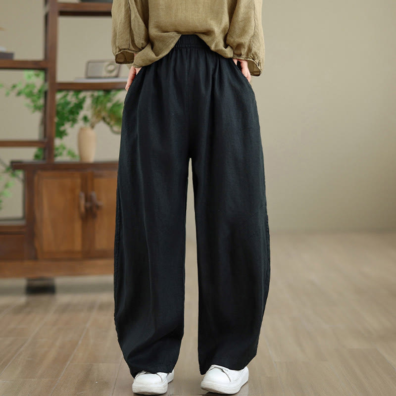 Casual Plain Cotton Women's Wide Leg Pants With Pockets