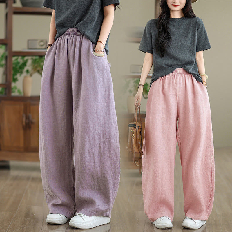 Casual Plain Cotton Women's Wide Leg Pants With Pockets