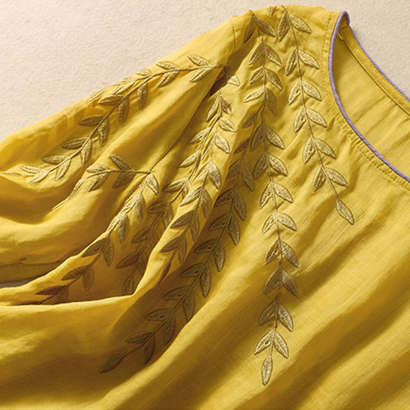 Embroidery Leaves Women's Cotton Linen Half Sleeve T-shirt